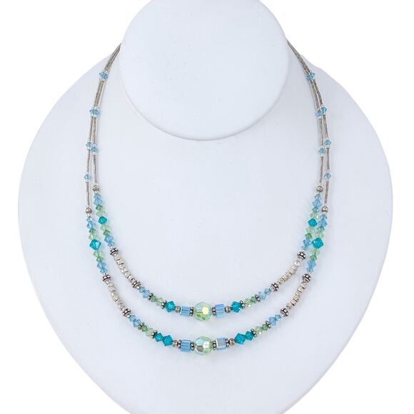 Estate Artisan Sterling Silver 925 Blue Green Crystal Beaded Necklace 16.5" - Picture 3 of 6